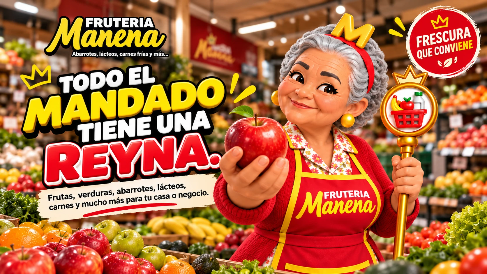 Todo el mandado tiene una Reyna. Frutas, verduras, abarrotes, lácteos, carnes y mucho más para tu casa o negocio.